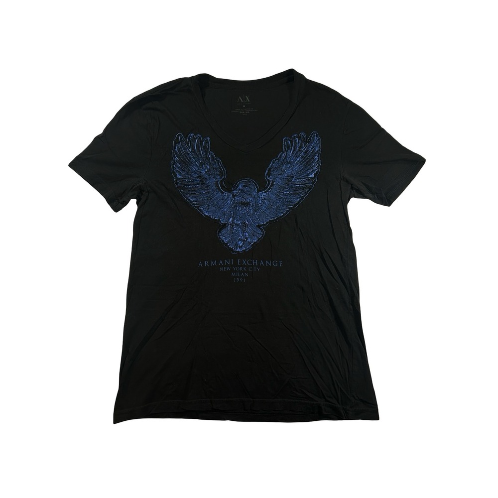 Armani Exchange Mens Black Blue Eagle Graphic V-Neck T-Shirt Size M